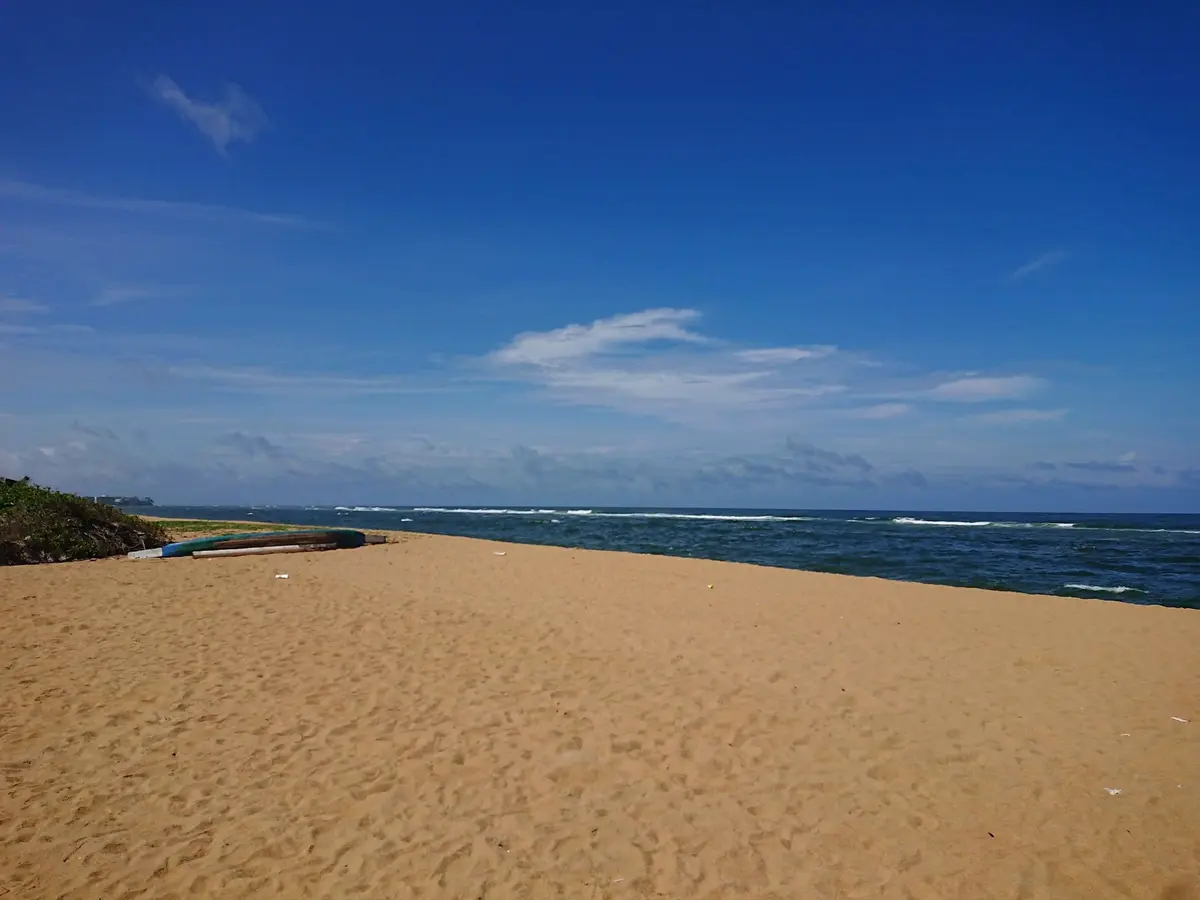 Wide sandy beach and blue sea in front of the restaurant on a clear day