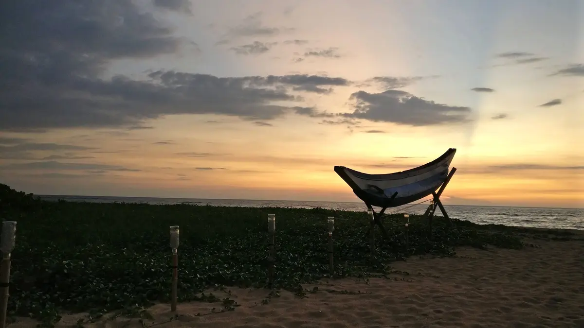 Beach hammock silhouetted against a soft sunset sky